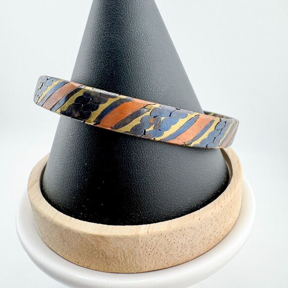 Vintage Copper Brass & Black Enamel Cuff Bracelet Mixed Metal Boho Tribal Rustic - Picture 4 of 7